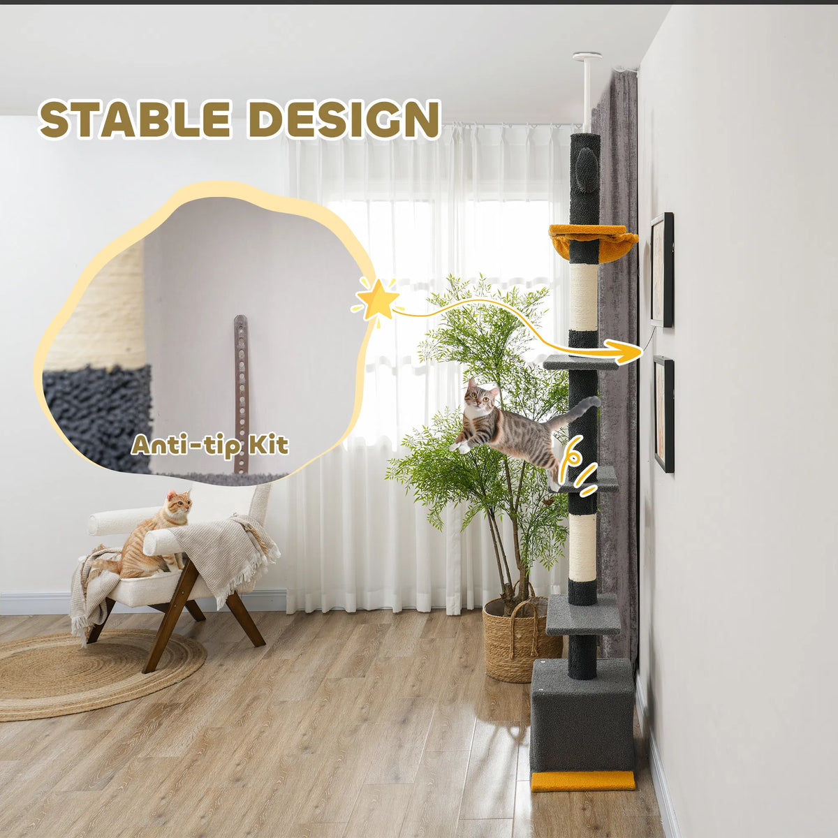 Floor to Ceiling Cat TreeTower with 90.5" 108" Adjustable Height Scratching
