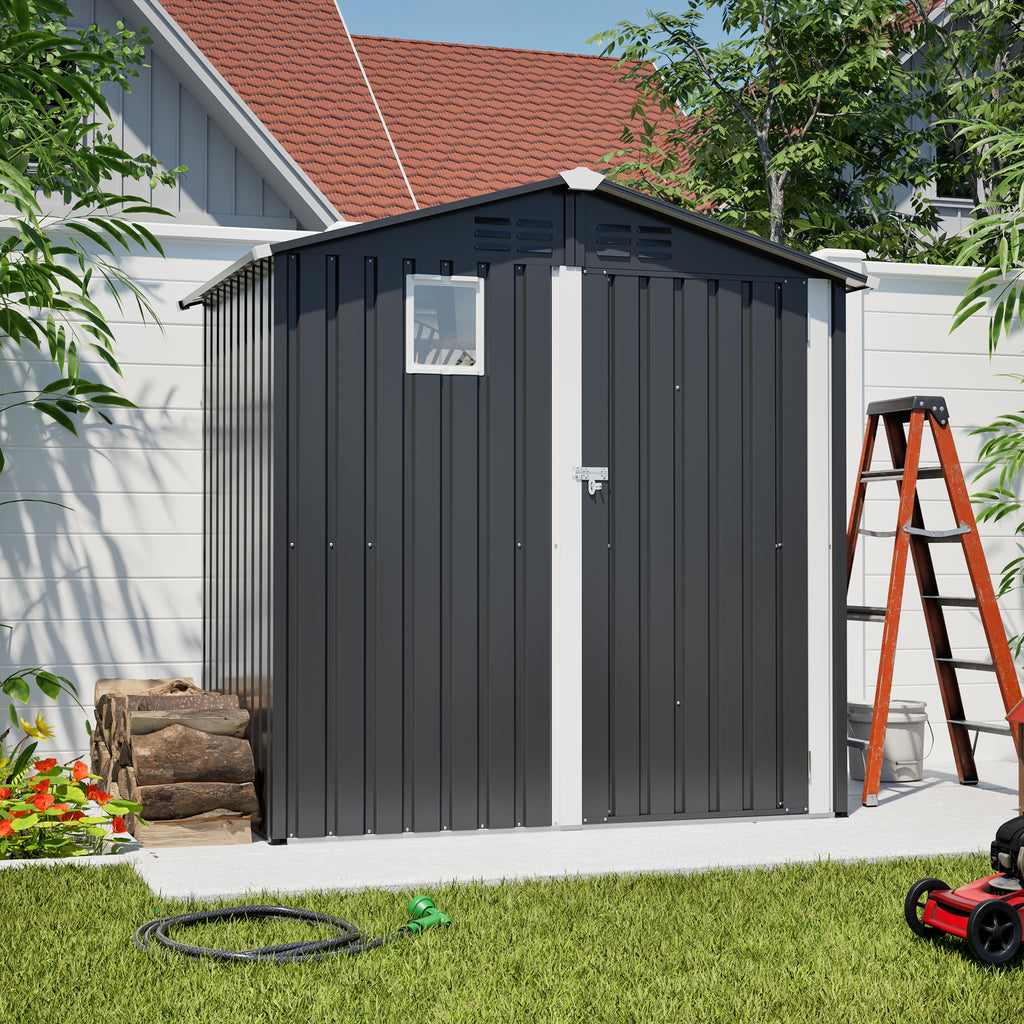 6x4ft metal outdoor storage shed with gable roof and double doors in dark gray - main view