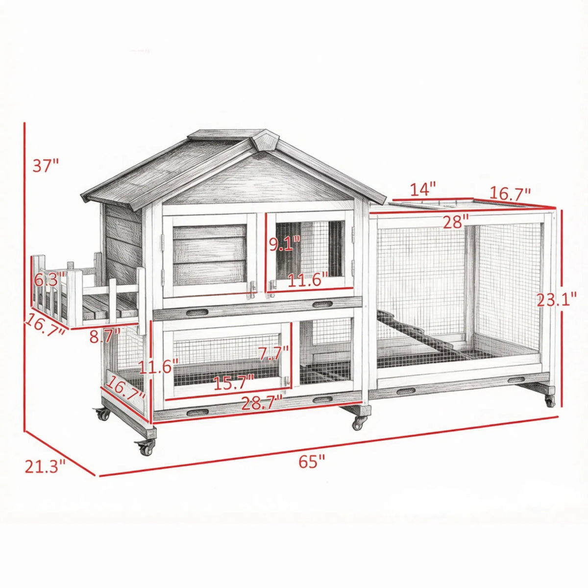 Gray 65" Spacious Wooden Rabbit Hutch Pet Playpen With Openable Roof For Easy