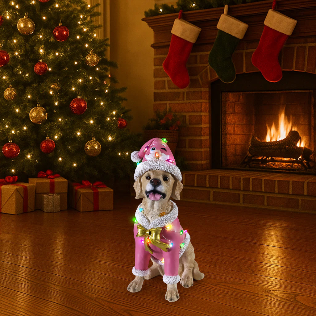 Christmas Labrador Retriever Statue Holiday Dog Figurine in Pink Santa Outfit - Image 3