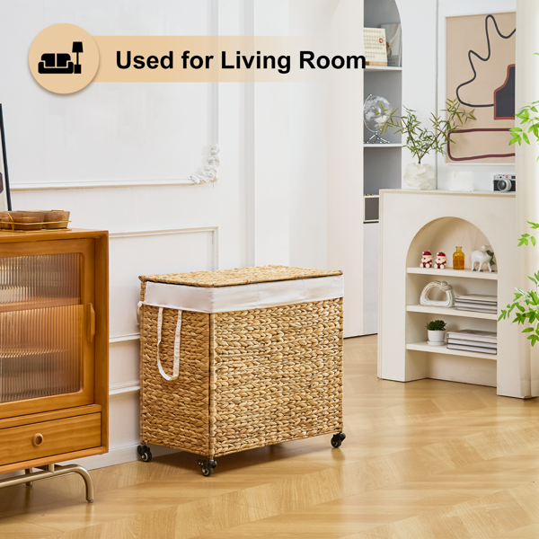 160L 3 Section Laundry Hamper With Lid And Wheels Woven Natural Water Hyacinth - Image 5