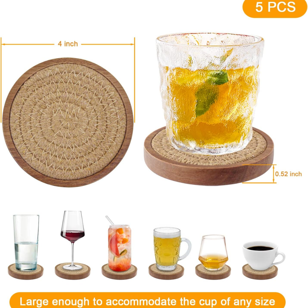 5 Pack 4 Inch Wood Drink Coasters Absorbent Woven Coaster Set For Coffee Table - Image 4