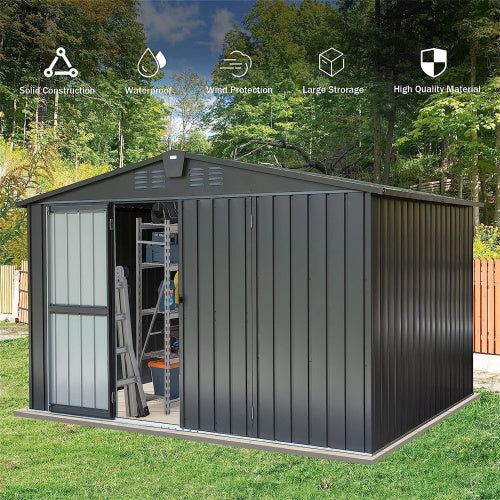 10x8ft galvanized steel outdoor storage shed with lockable sliding doors in dark gray - angle 3 detail