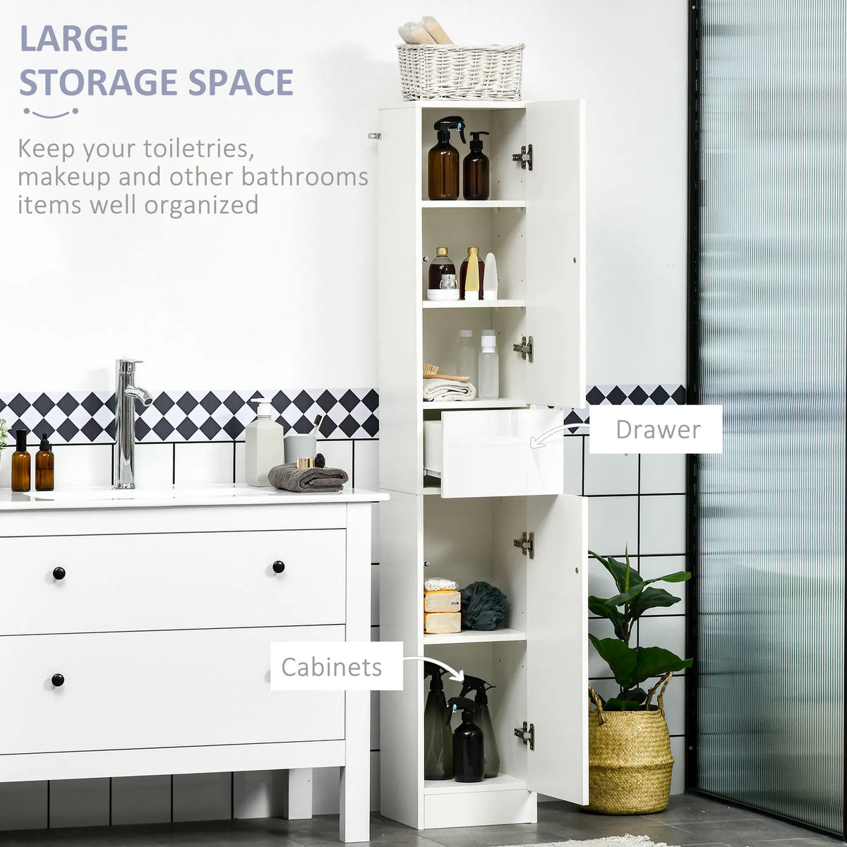 Tall Bathroom Cabinet Narrow Bathroom Storage Cabinet with Doors Drawer and - Image 2
