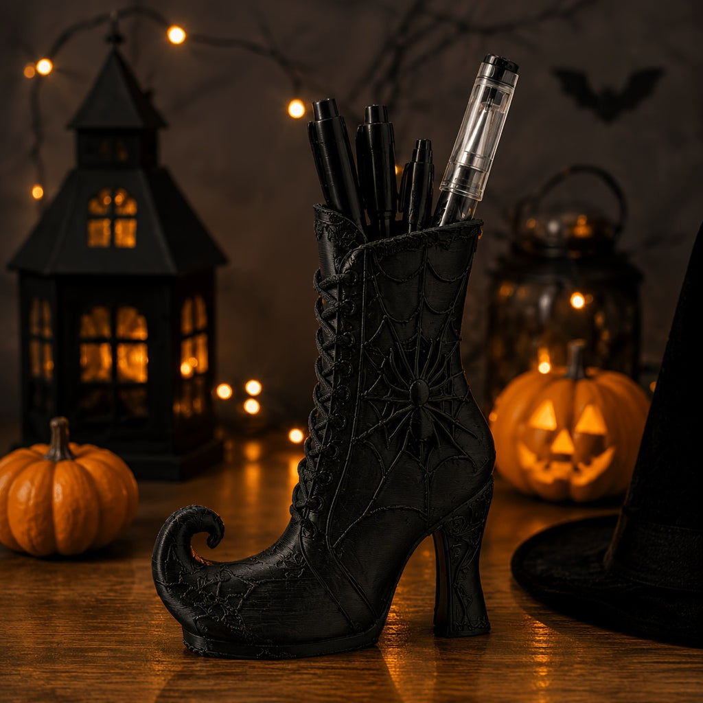 3D Printed Gothic Spiderweb Boot Pen Holder Halloween High Heel Desk - Image 2