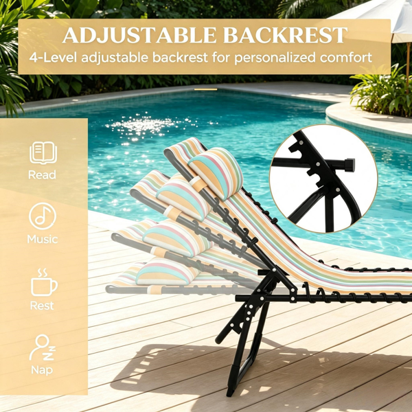 Striped 2 Folding Outdoor Lounge Chairs For Beach Camping Use Pillow Mesh & - Image 5
