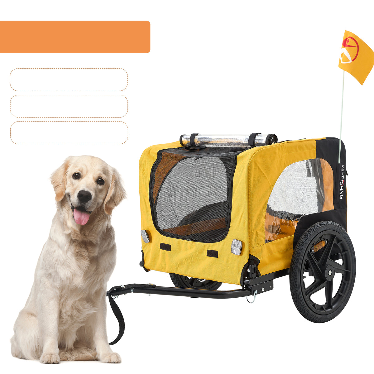 Heavy-duty foldable yellow dog bike trailer with dog