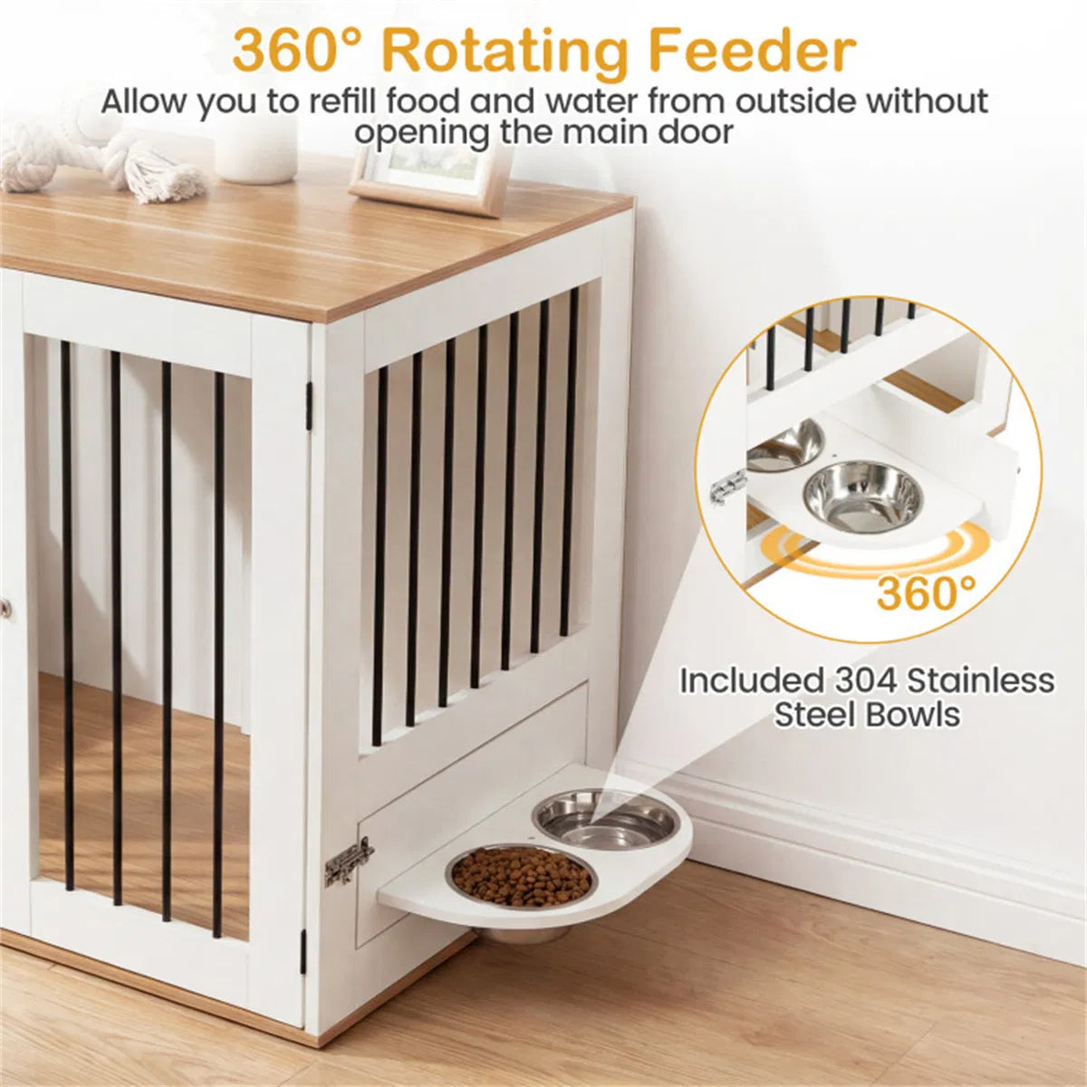 Furniture Style Dog Crate with 360° Rotating Feeder & 304 Stainless Steel