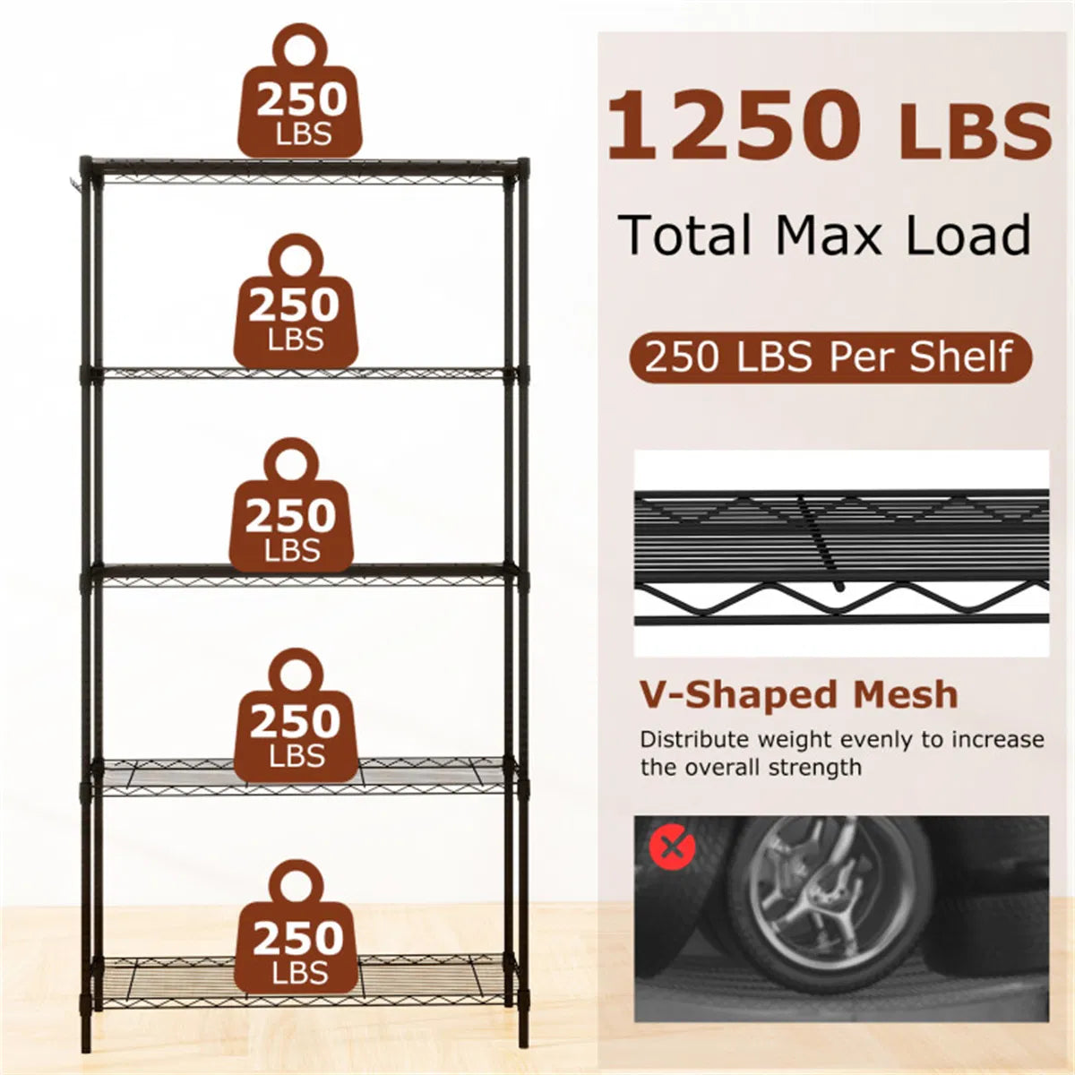 5 Tier Heavy Duty Metal Wire Shelving Unit 1250 lbs Capacity Adjustable Storage Rack - Image 2