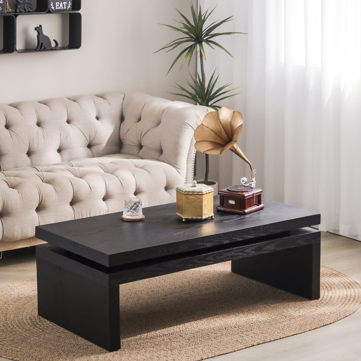 47in Modern Black Coffee Table with Floating-Top Design