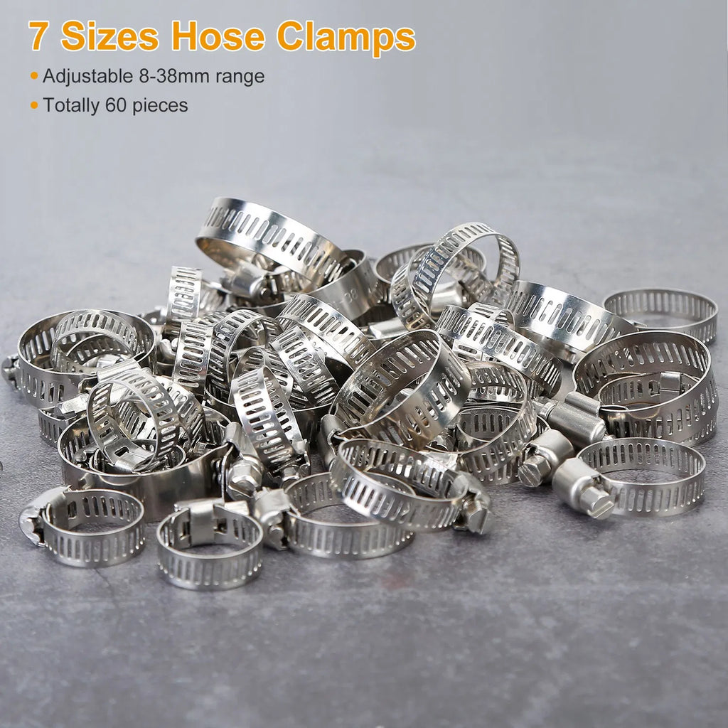 60Pcs Hose Clamp Set Stainless Steel Adjustable Worm Gear Assortment Pipe Tube - Image 5
