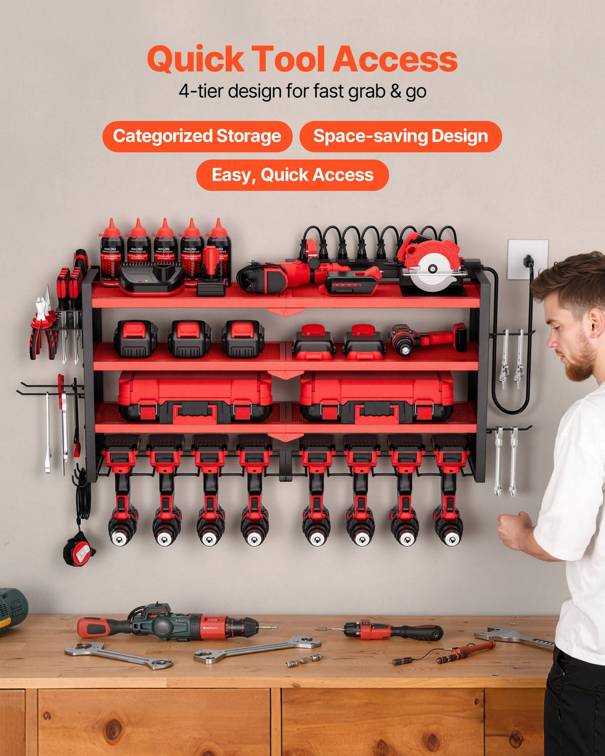 power tool organizer with charging dimensions and features