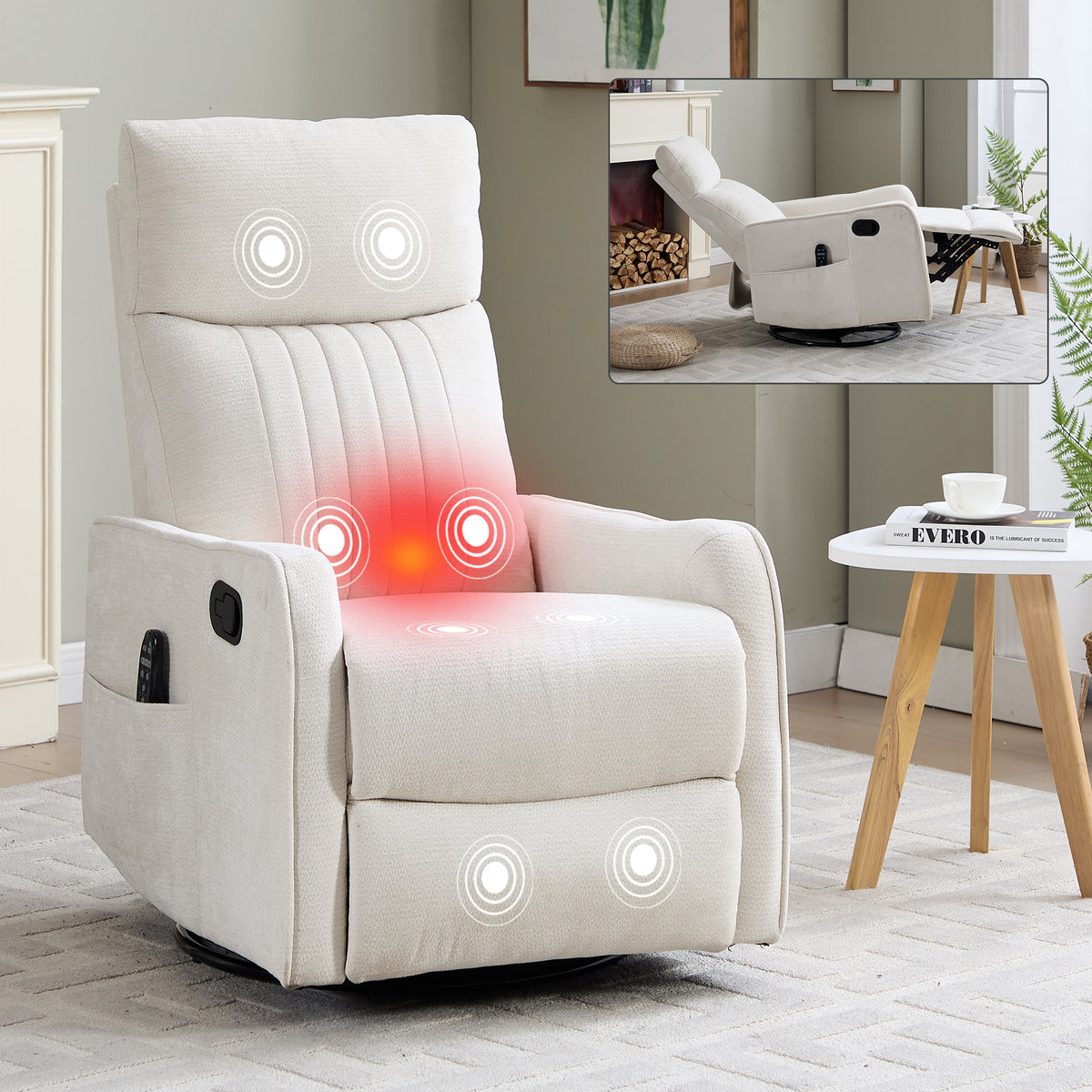 Beige Heat Massage Manual Recliner Chair with Rocker and Swivel in Fabric for - Image 5