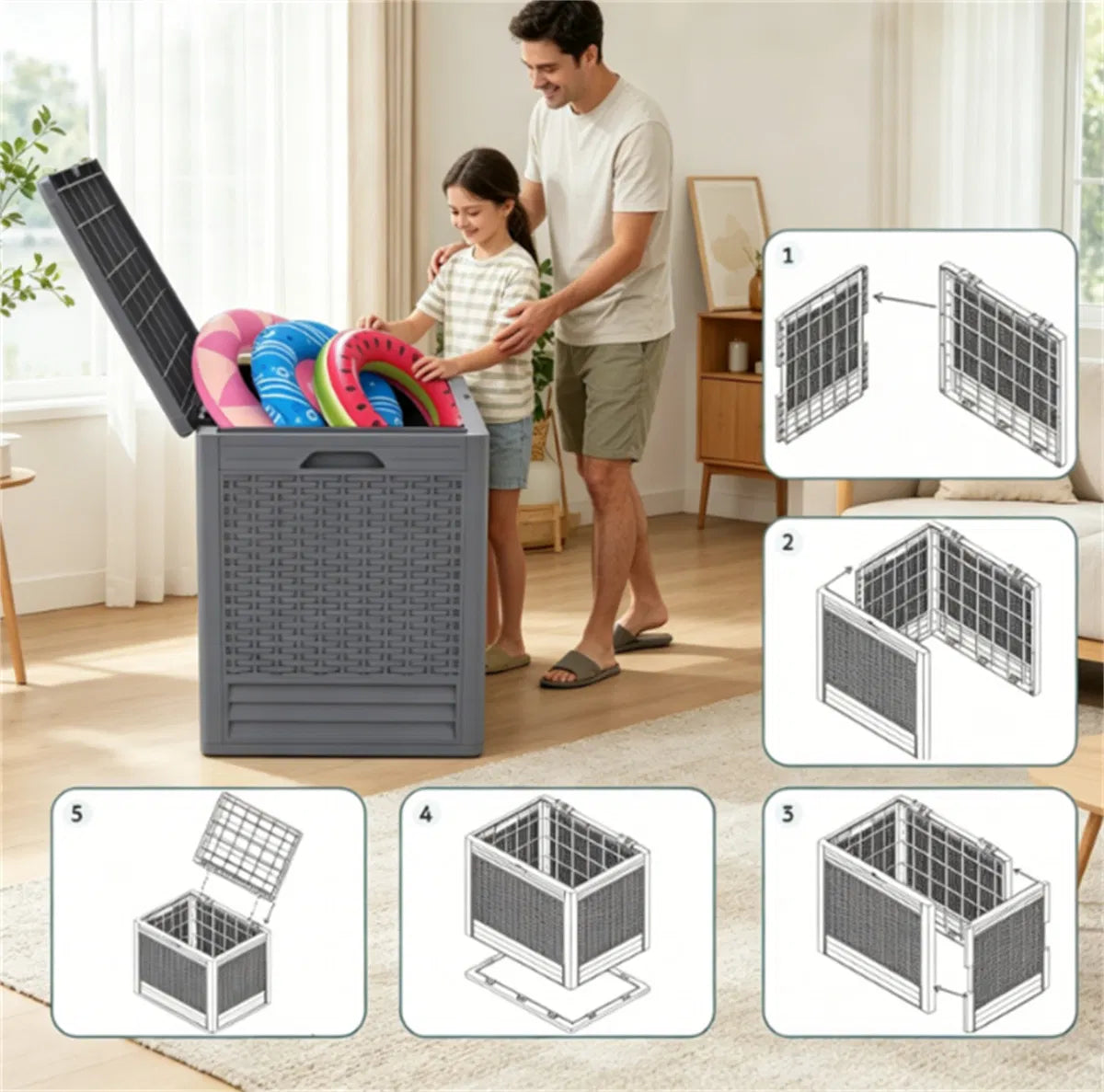25 Gallon Outdoor Deck Box Weatherproof PP Storage Chest with Rattan Texture