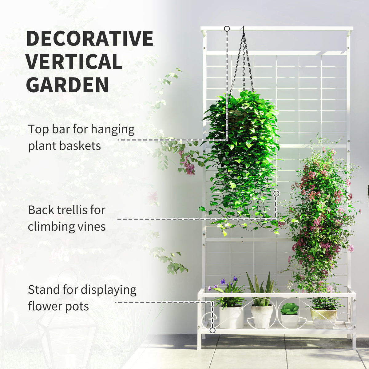 Metal Tall Plant Stand With Trellis And Hanging Bar Holder For Indoor Outdoor - In-Use and Feature Display