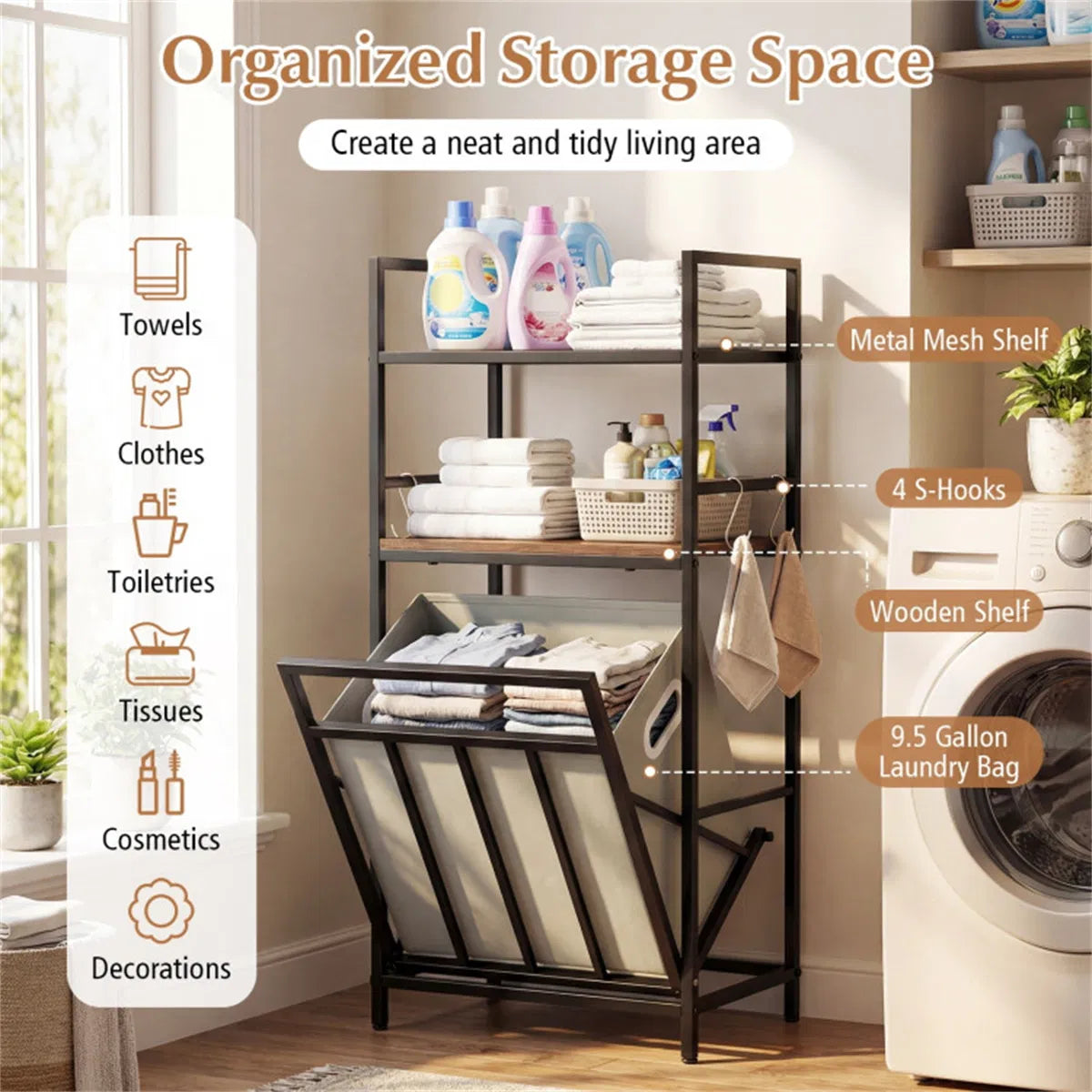 Black Rustic Brown Tilt Out Laundry Hamper Metal Engineered Wood With Shelves - Image 3