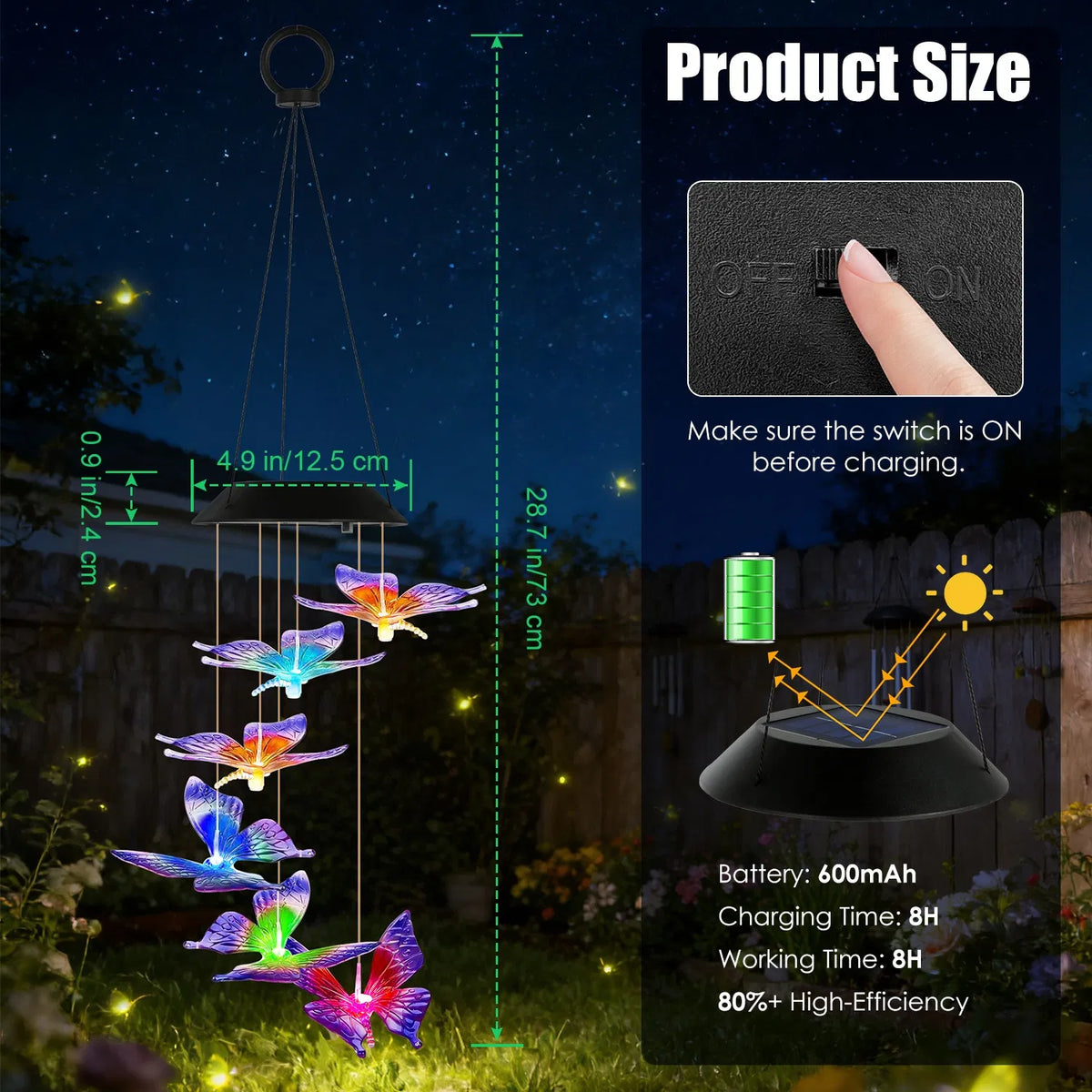 2PCS Outdoor Solar Wind Chimes Solar Butterfly Wind Chimes Color Changing LED - Image 4