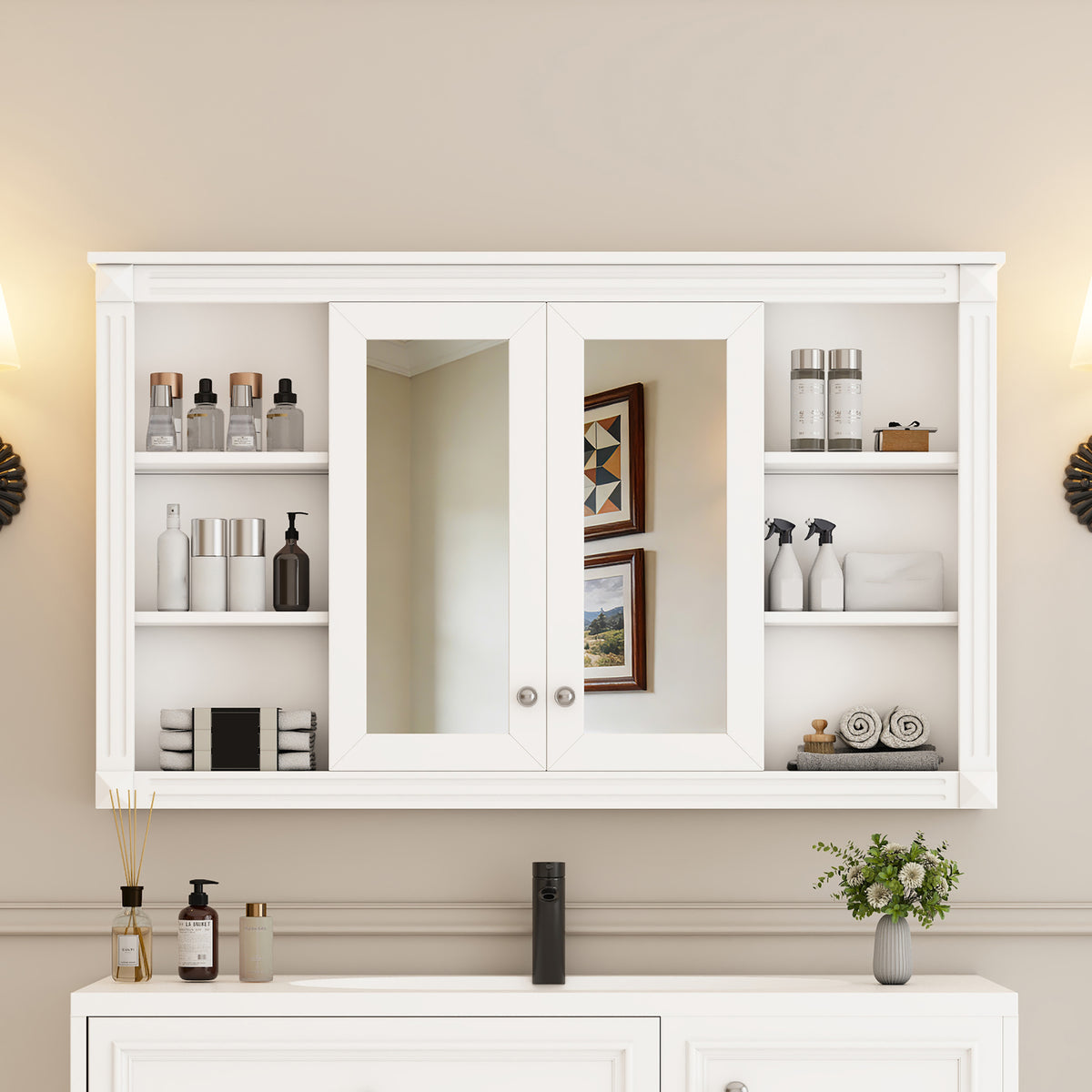 47-Inch White Bathroom Mirror Cabinet