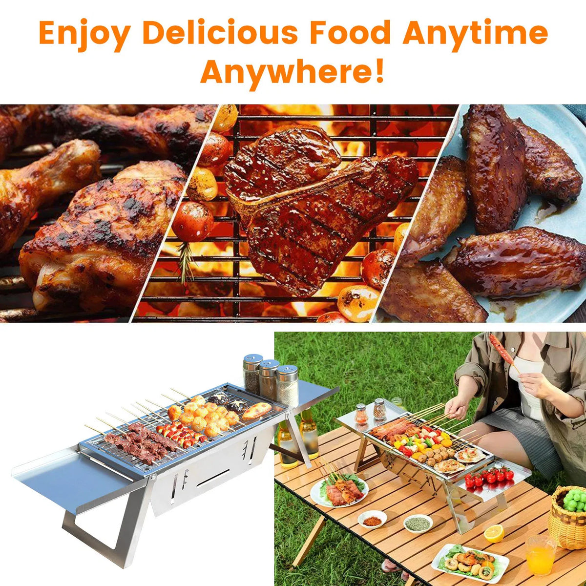 Foldable Charcoal BBQ Grill Stainless Steel Grill Net Easy Setup Portable - Image 2