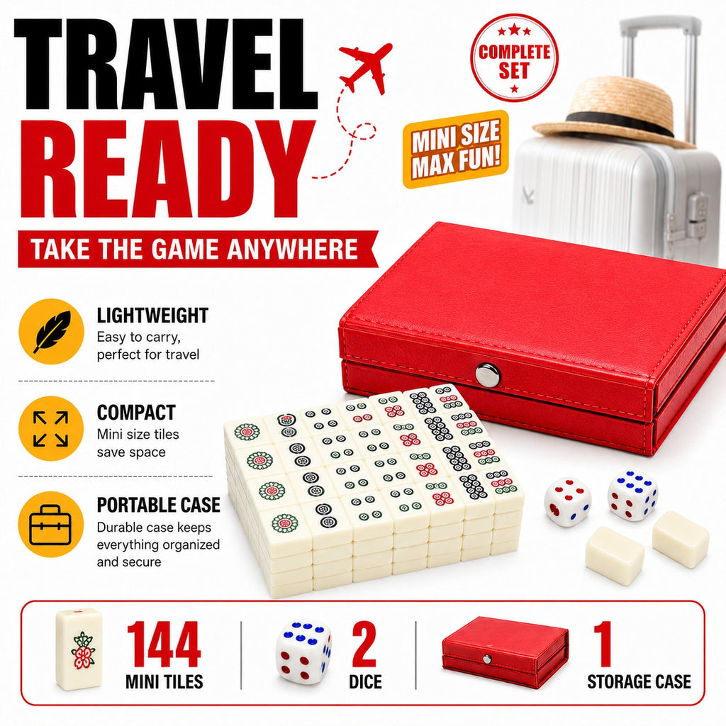 Pocket Mahjong Set 144 Mini Tiles 2 Dice Red Case Family Travel Games Gifts Toys - Image 3