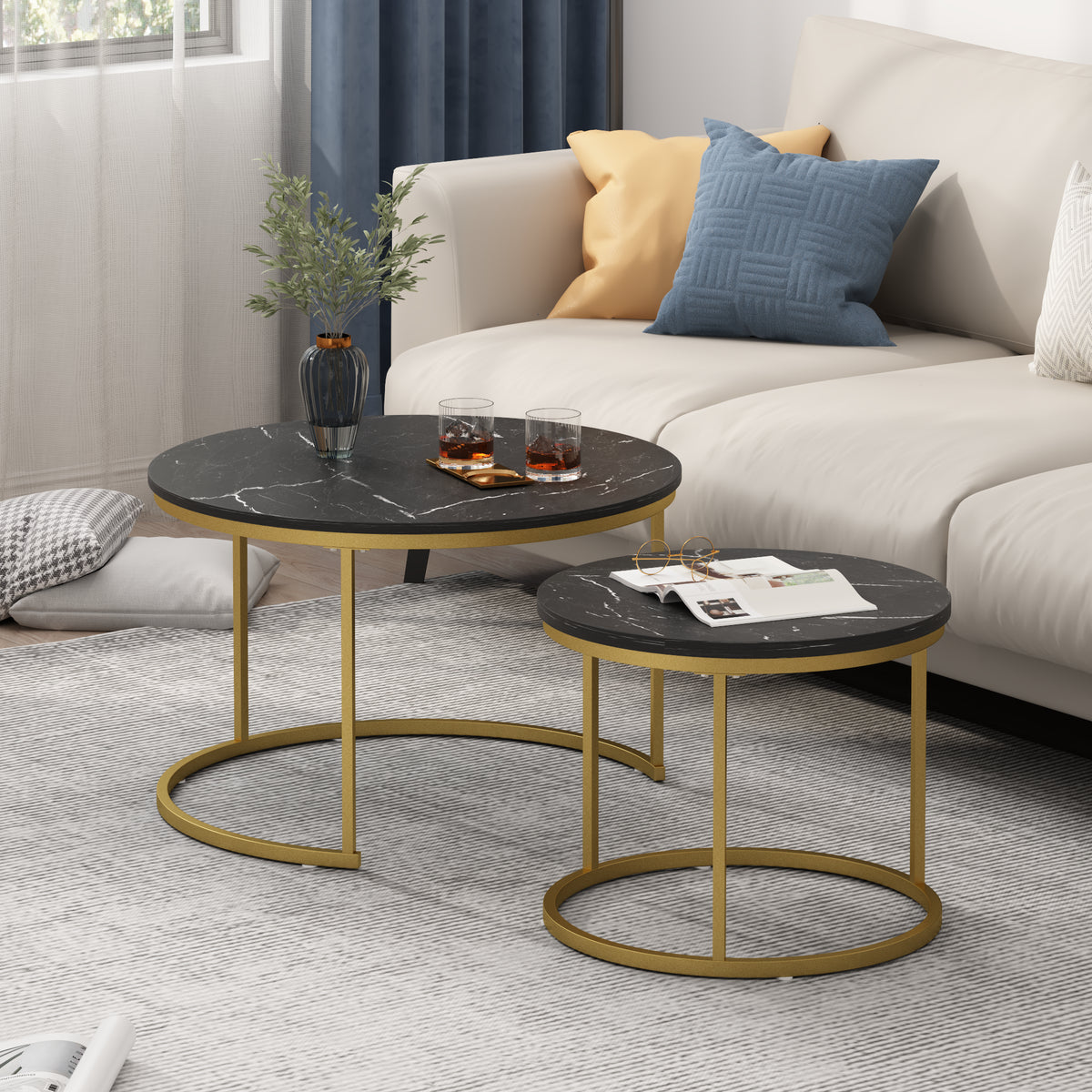 27.6in Nesting Coffee Table Set of 2 Round Coffee Table Wood Marble Pattern - Image 3