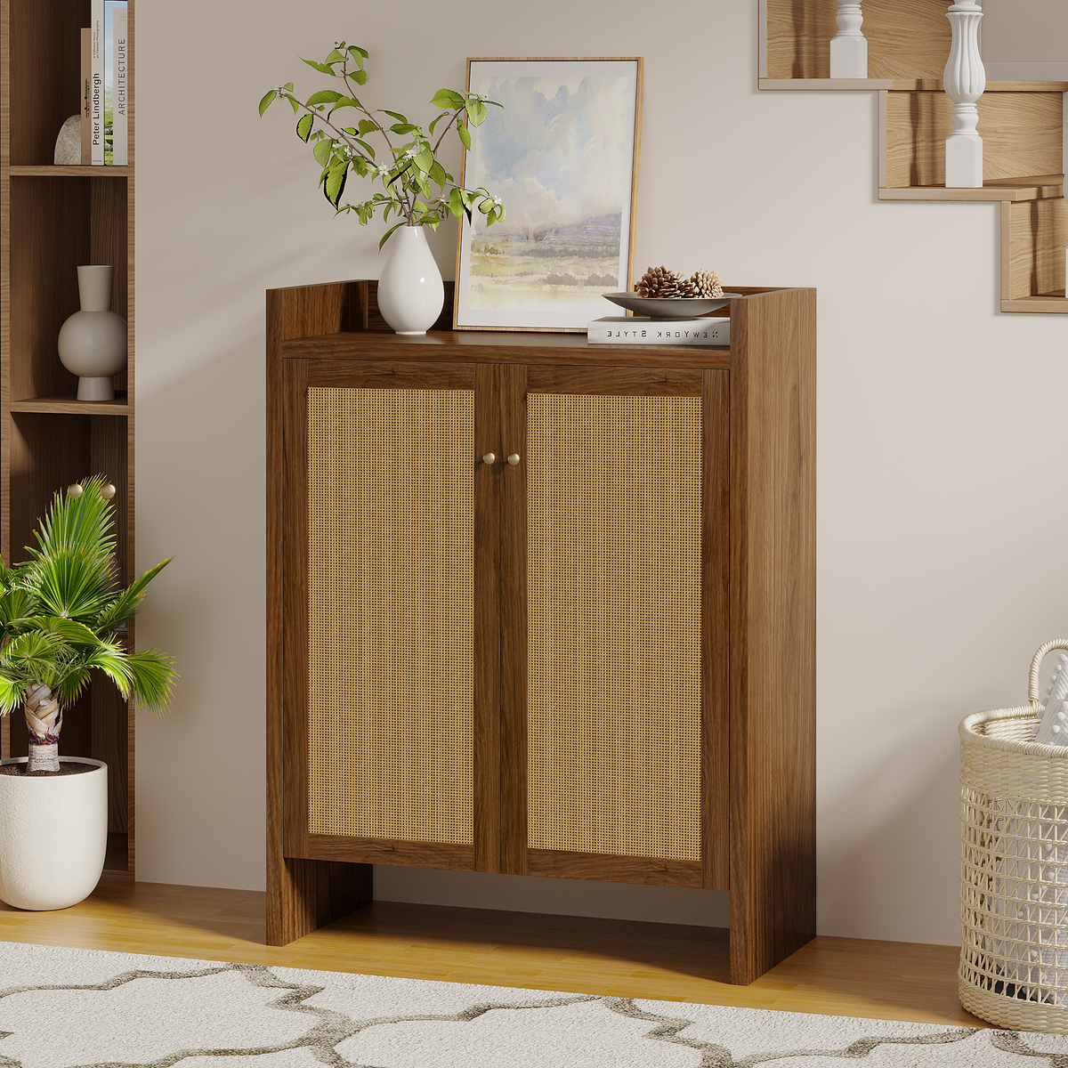 Tall Rattan Shoe Storage Cabinet