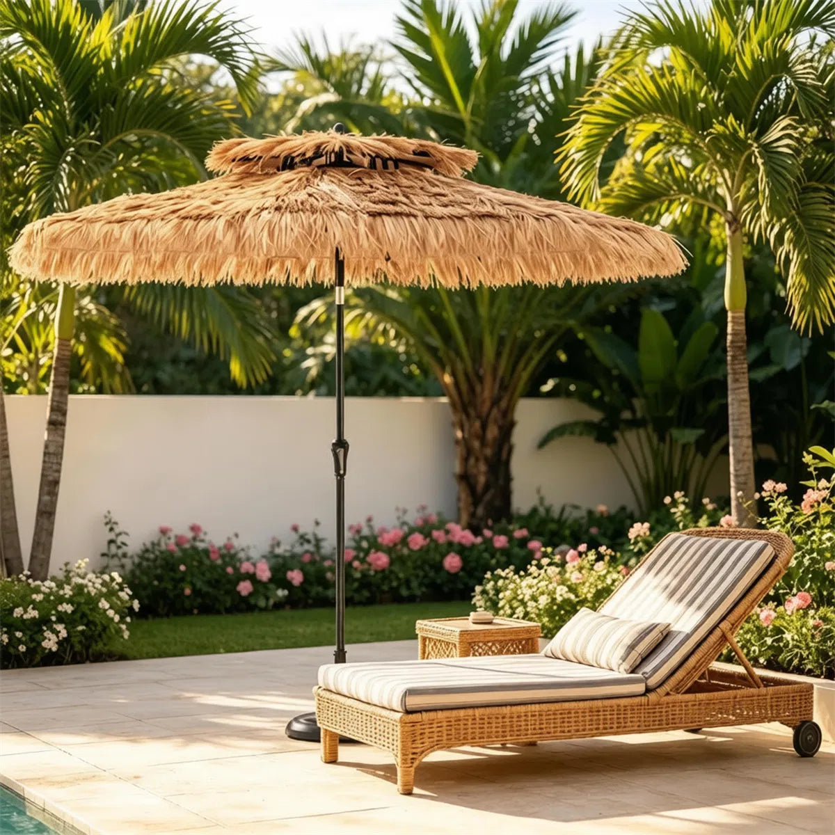 10ft Double Tier Hawaiian Tiki Patio Umbrella with Push Button 30 Tilt & Crank - Image 5
