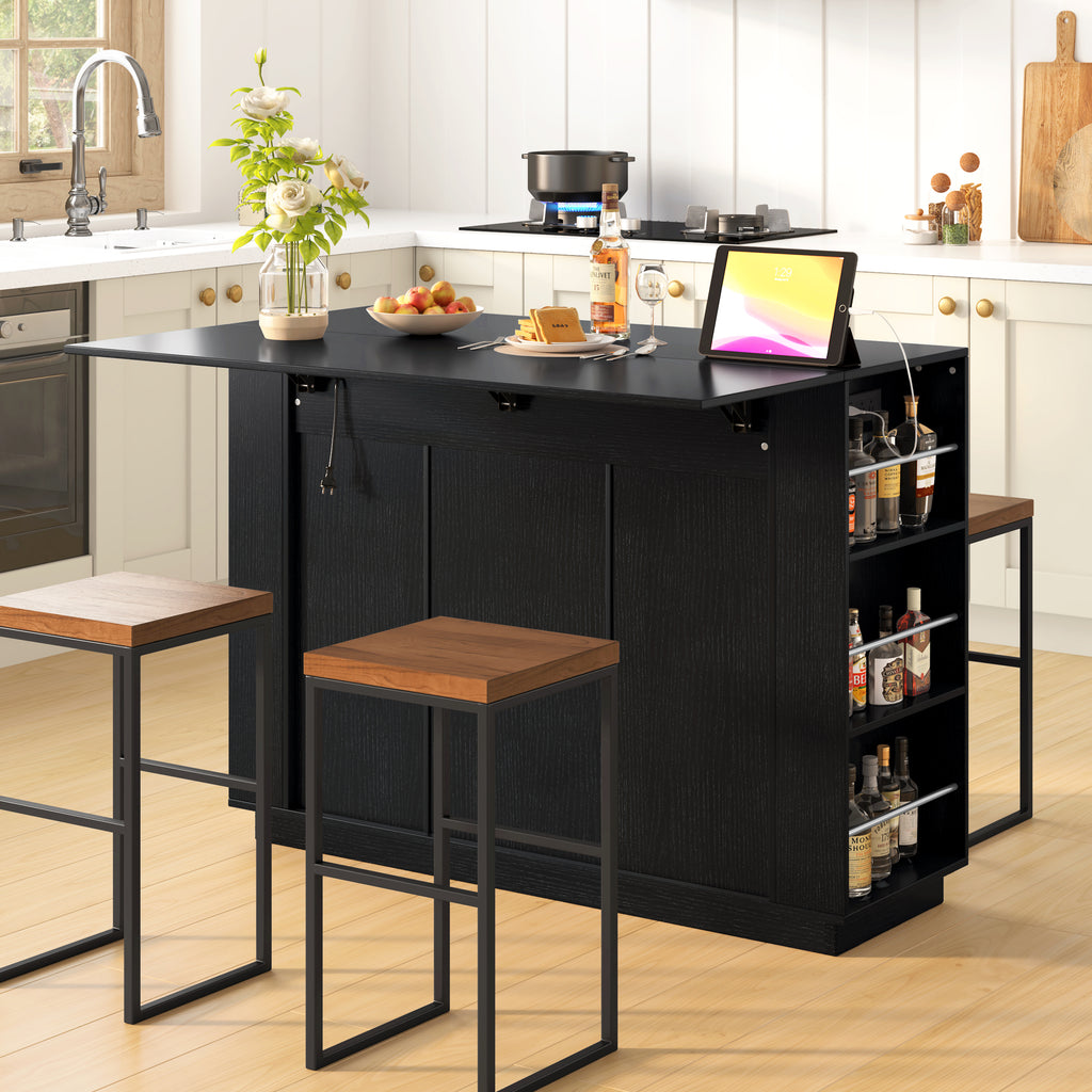47in Kitchen Island with Drop Leaf, Wine Rack and Side Storage