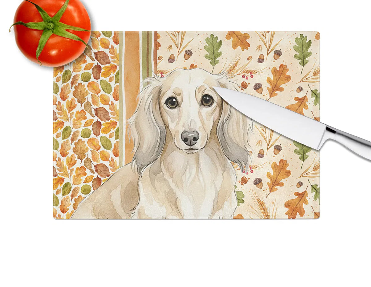 Longhaired Cream Dachshund Heirloom Fall Glass Cutting Board Decorative - Image 3