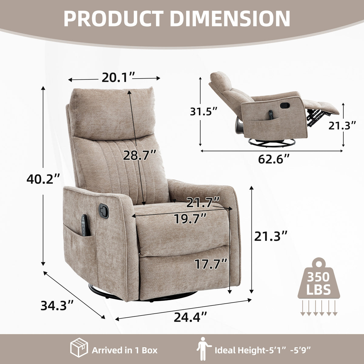 Khaki Heat Massage Manual Recliner Chair with Rocker and Swivel in Fabric for - Image 2