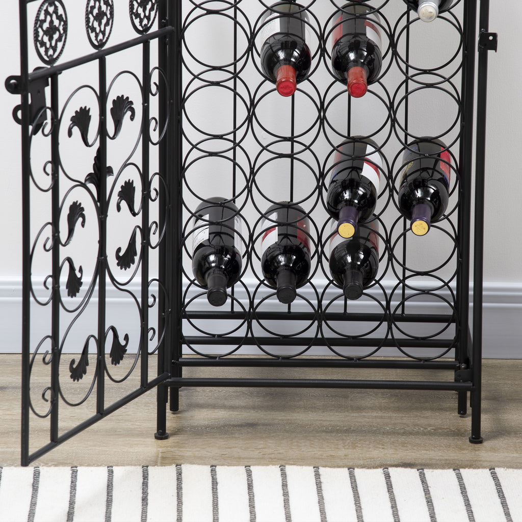 45 Bottle Wine Organizer Decorative Portable Wrought Iron Rack Jail - In-Use and Feature Display