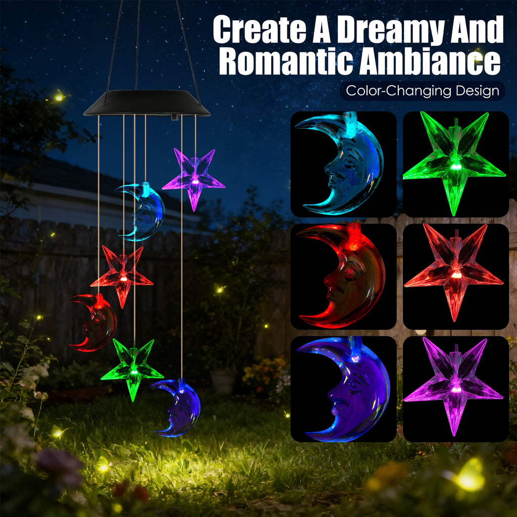 1Pcs Solar Moon And Star Wind Chime 7 Color Changing Wind Chime For Outside
