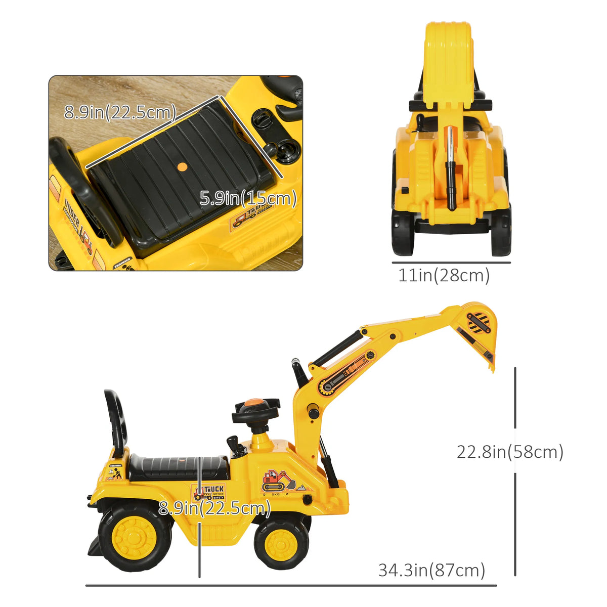 NO POWER 3 in 1 Ride On Toy Excavator Digger Scooter Pulling Cart Pretend Play - Image 5