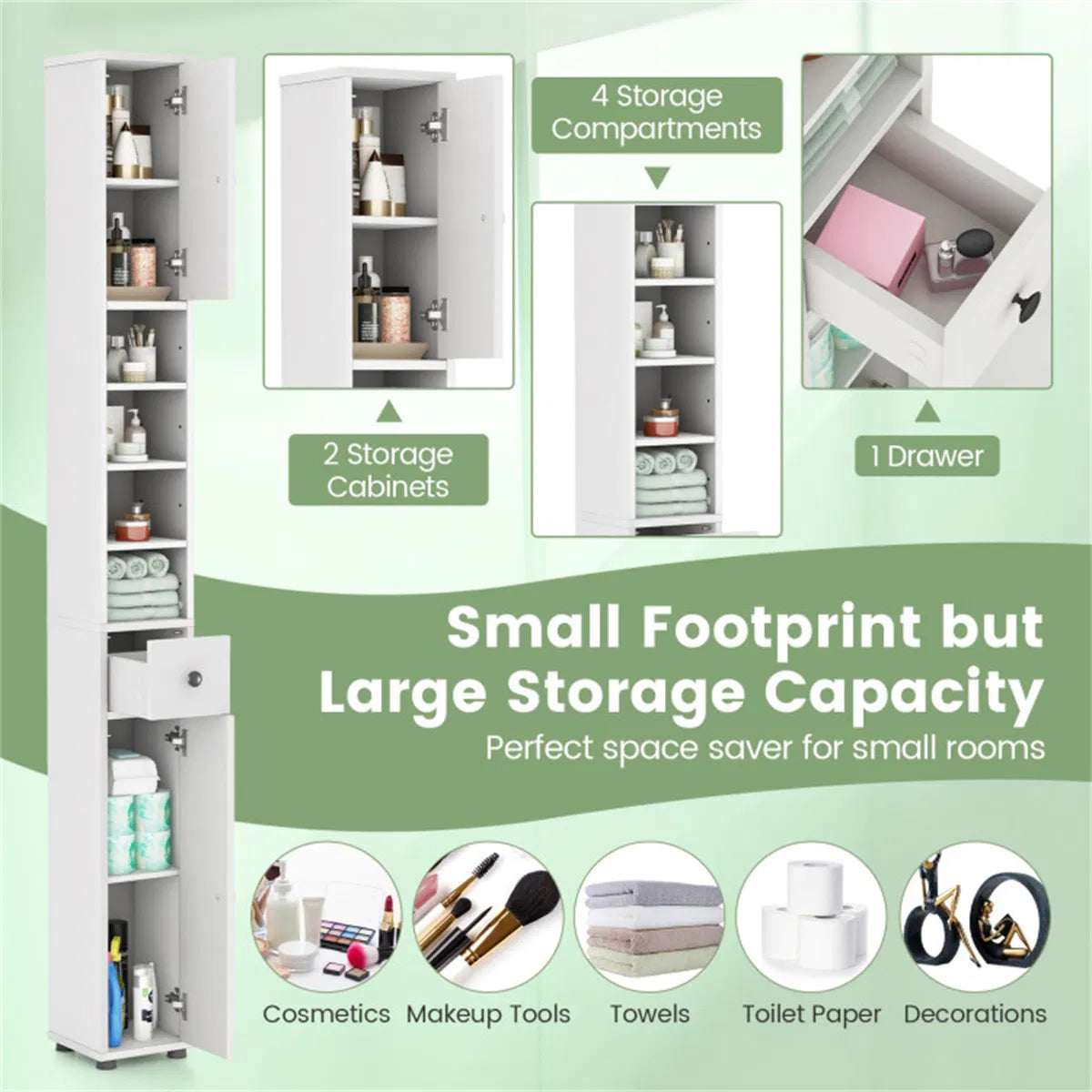 Slim Tall Bathroom Storage Cabinet 8" x 8" x 71" Narrow Floor Organizer with - Image 4