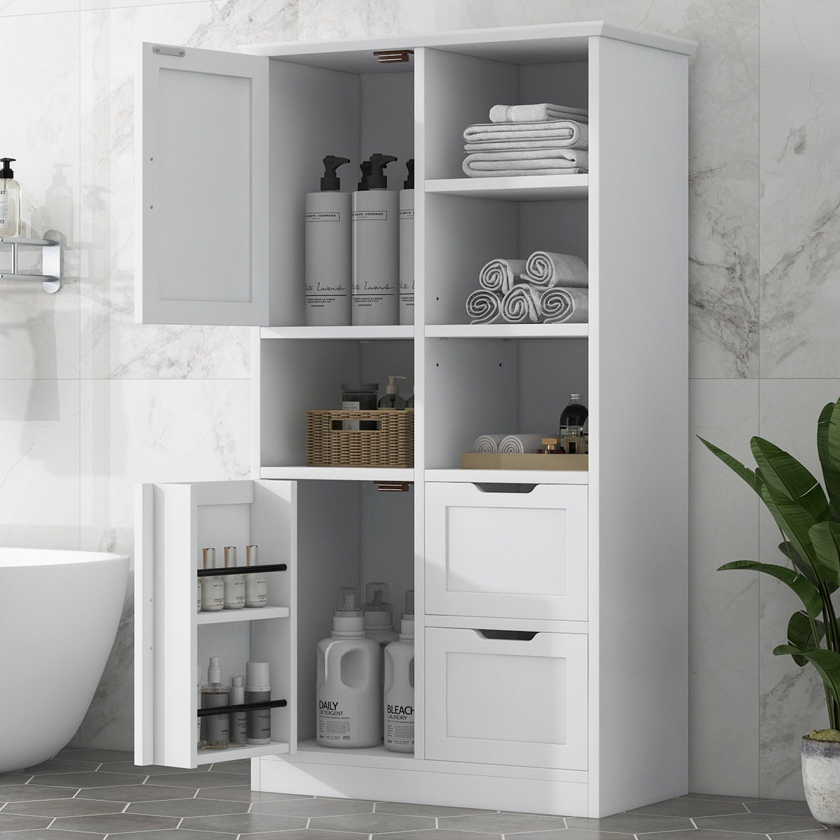 Tall White Bathroom Storage Cabinet with Drawers and Shelves