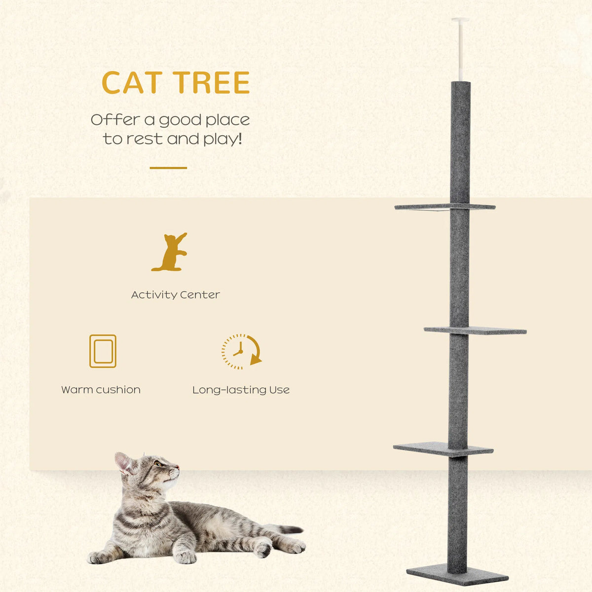 100" Floor To Ceiling Cat Tree w/ 3 Perches Activity Center for Kittens Cat