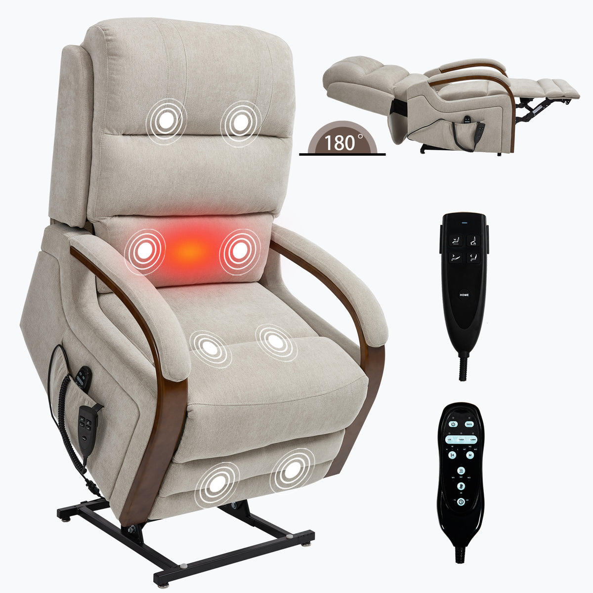 Power Beige Chenille Lift Recliner Chair Dual Motor Infinite Position Up to 350