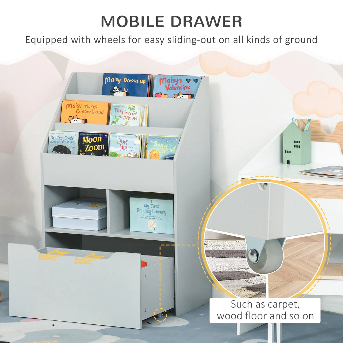 Kids Bookcase Multi Shelf Rack Organizer with Storage Drawer for Books for - Image 2