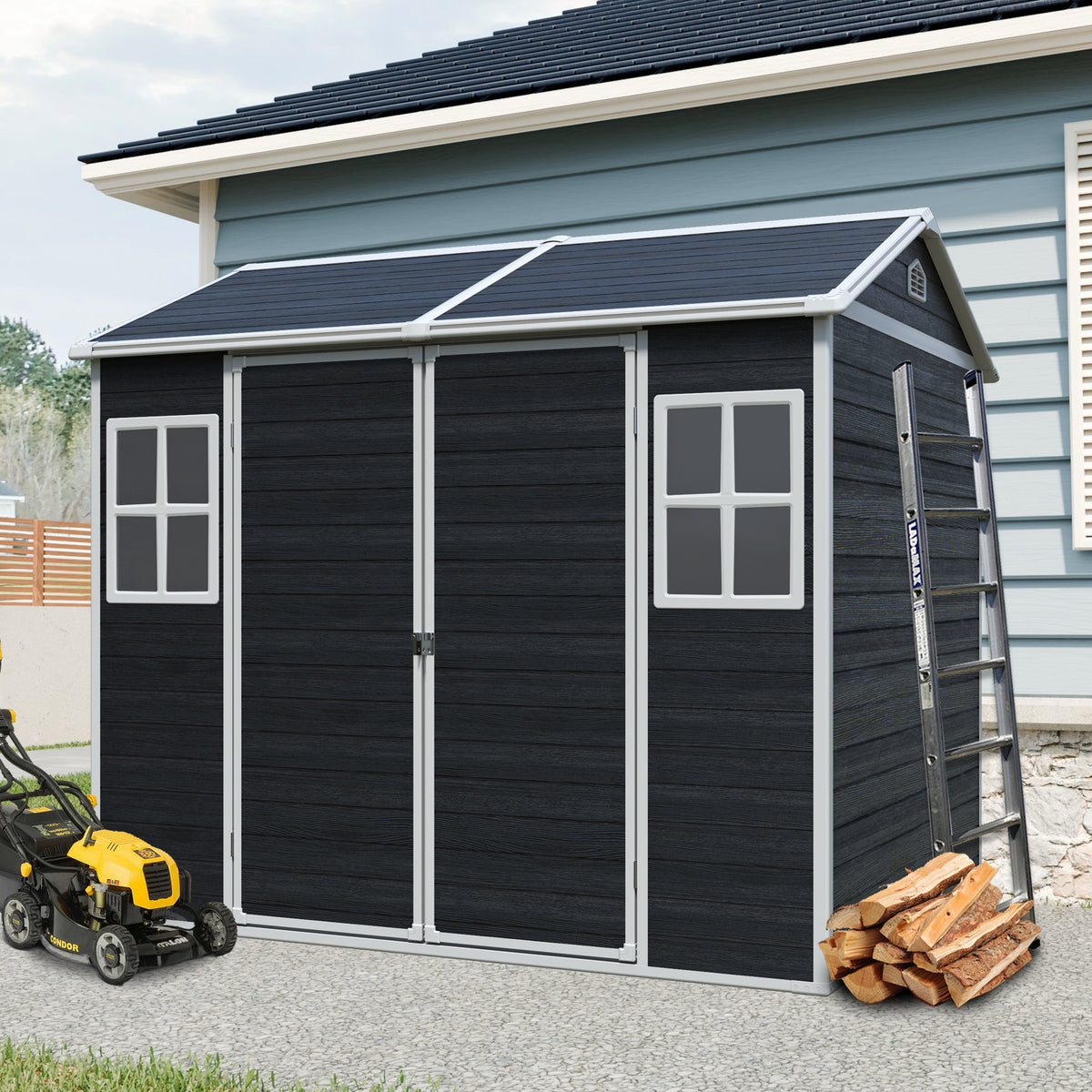 8x6ft all weather resin outdoor storage shed with heavy duty floor and dual windows in black - main view