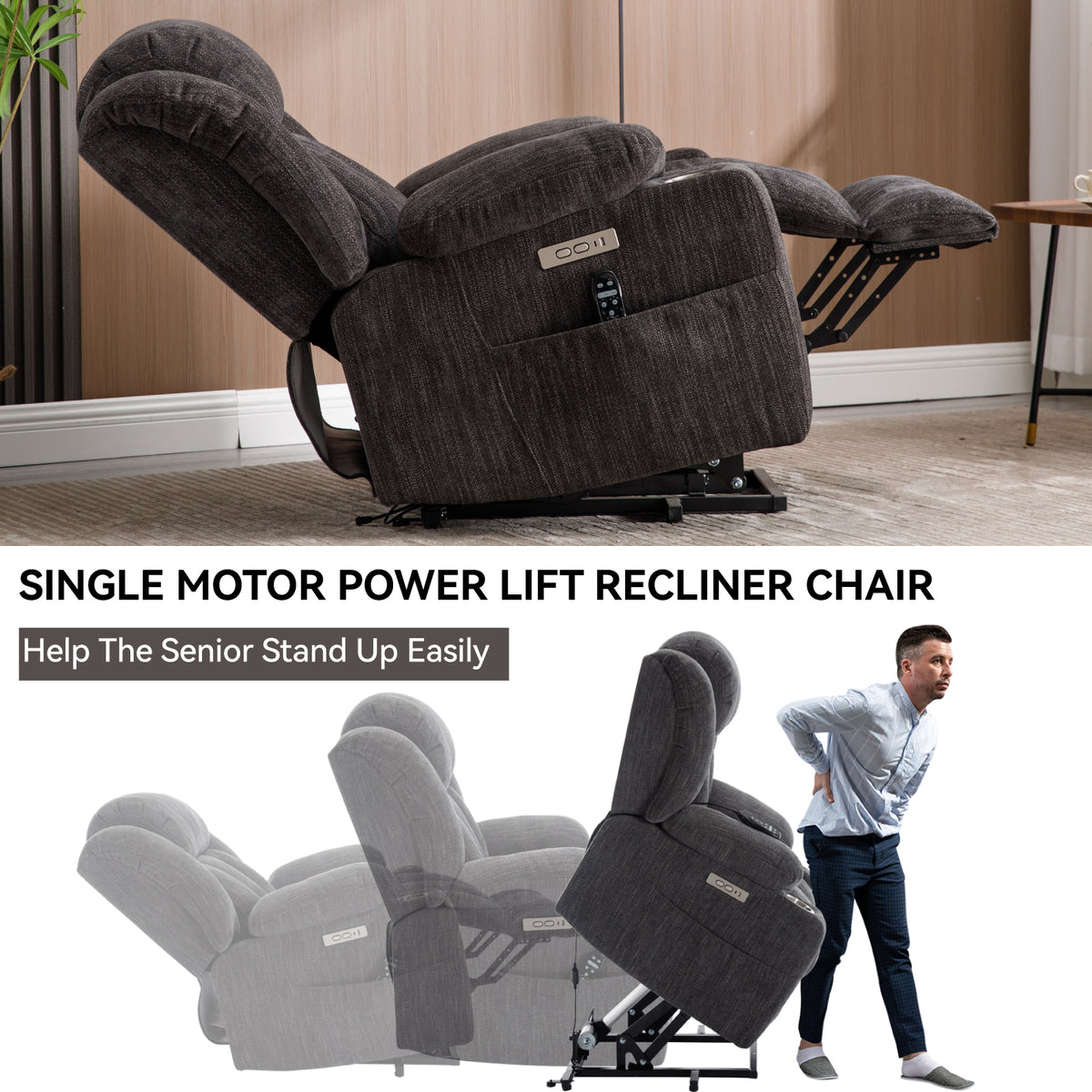 Up to 350 LBS Chenille Power Lift Recliner Chair Heavy Duty Motion Mechanism - Image 4
