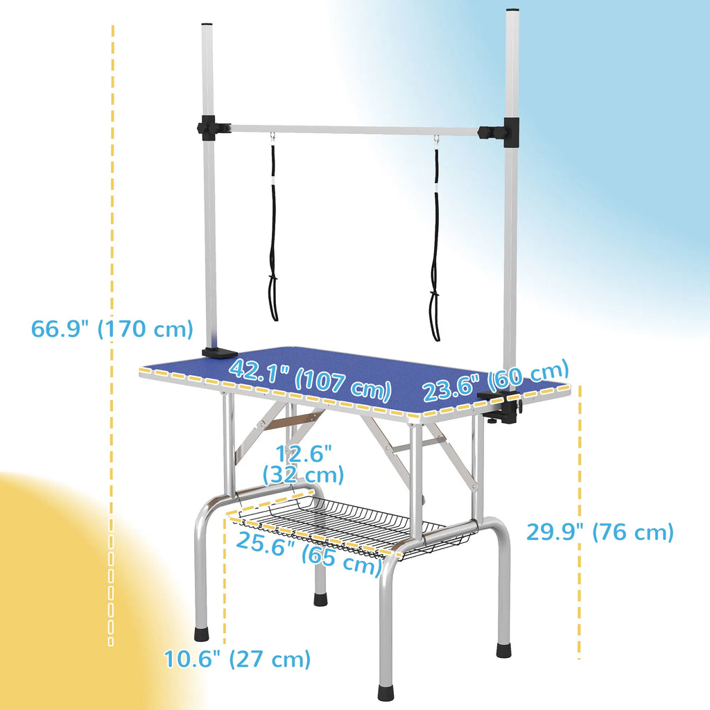 Adjustable Dog Grooming Table with 2 Safety Slings Storage Basket Blue - Image 5