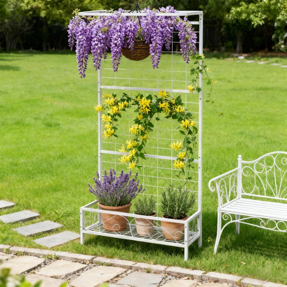 White Plant Holder Metal Tall Stand With Trellis And Hanging Bar For Indoor - Additional Product View 8