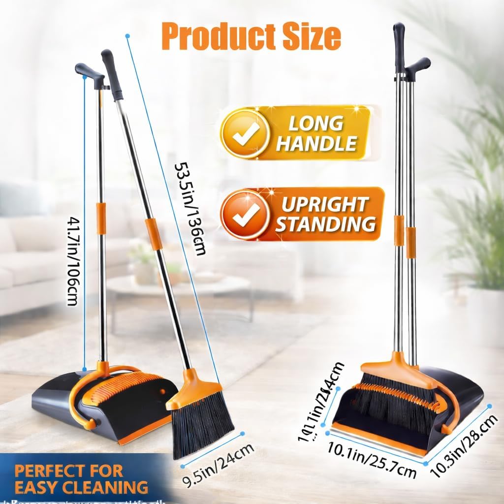 Long Handle Broom And Dustpan Set Upright Self Cleaning Combo With Windproof - Image 4
