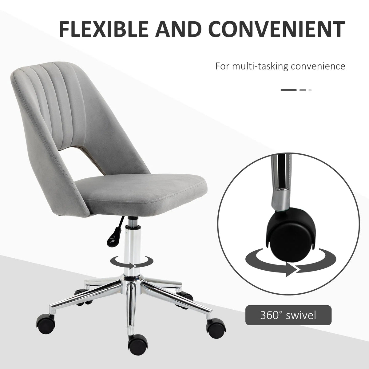 Mid Back Office Chair Velvet Fabric Swivel Scallop Shape Computer Desk Chair Grey - Image 2