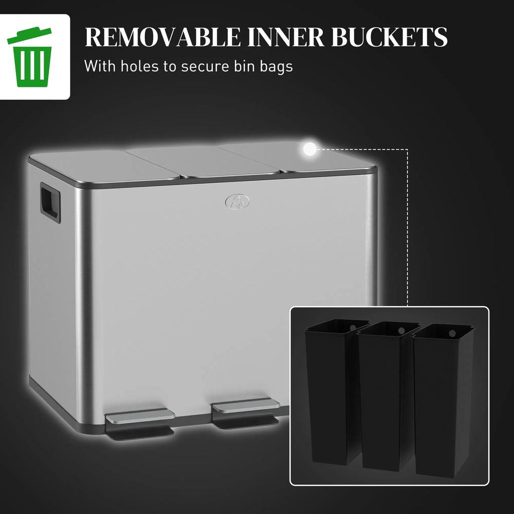 Triple Garbage Bin Soft Close Trash Can with Foot Pedal 3 x 20 Liter Garbage