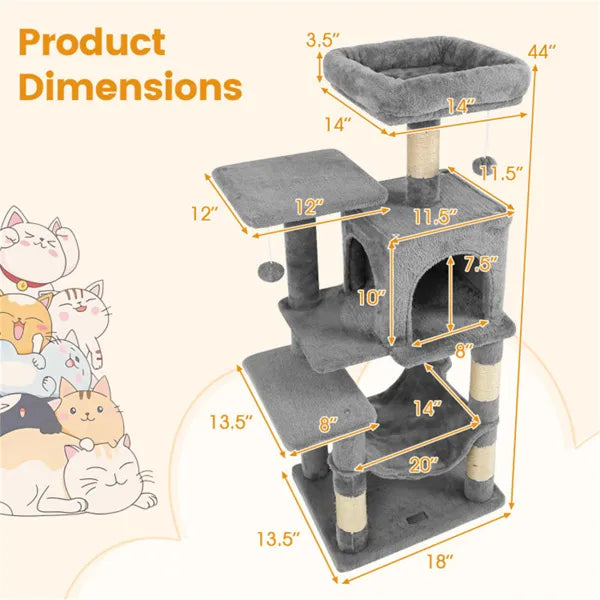 44" Multi Level Cat Tree With Spacious Top Perch 2 Door Condo & Hammock For - Image 4