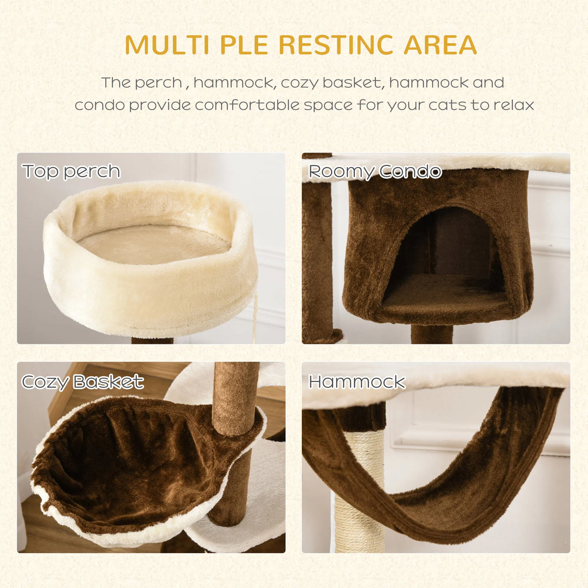 60" Cat Scratching Tree Cat Bed Condo Post House Pet Furniture Toys Brown & Beige - Image 2