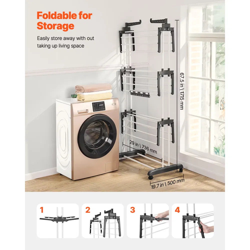 4 Tier Clothes Drying Rack Sturdy Laundry Drying Rack with Wheels and 24 Rods - Image 5