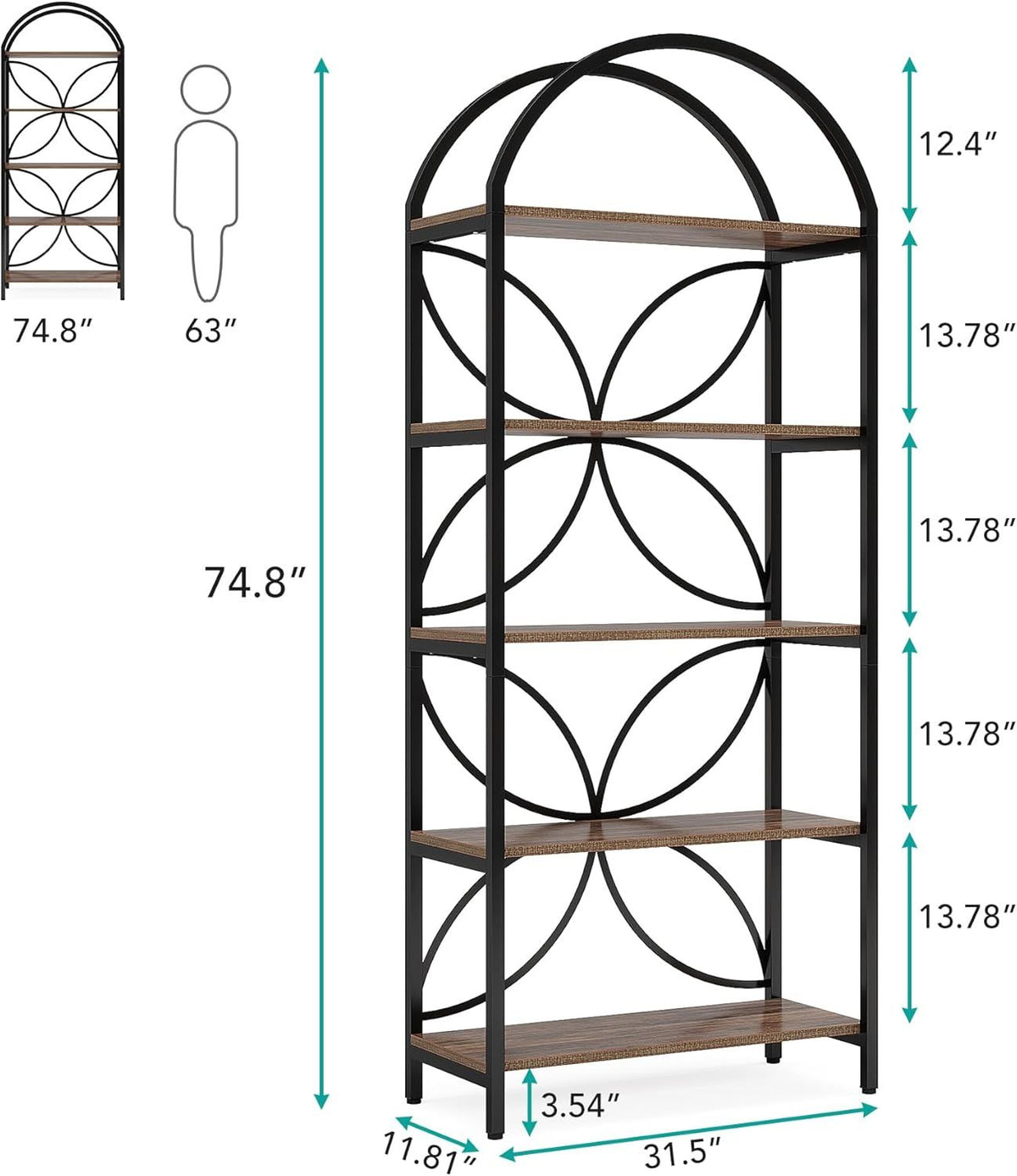 5-Tier Rustic Industrial Narrow Bookshelf