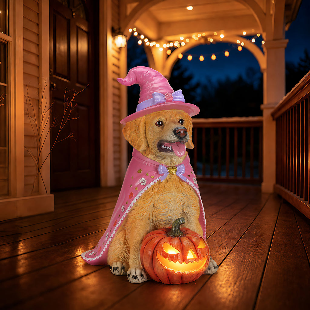 Halloween Golden Retriever Dog Statue Large Sitting Dog Figurine with Pink - Image 4